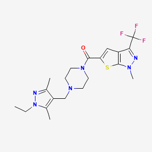 molecular formula C20H25F3N6OS B4373572 {4-[(1-ETHYL-3,5-DIMETHYL-1H-PYRAZOL-4-YL)METHYL]PIPERAZINO}[1-METHYL-3-(TRIFLUOROMETHYL)-1H-THIENO[2,3-C]PYRAZOL-5-YL]METHANONE 