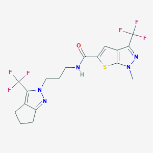 molecular formula C18H17F6N5OS B4373772 1-METHYL-3-(TRIFLUOROMETHYL)-N~5~-{3-[3-(TRIFLUOROMETHYL)-5,6-DIHYDROCYCLOPENTA[C]PYRAZOL-2(4H)-YL]PROPYL}-1H-THIENO[2,3-C]PYRAZOLE-5-CARBOXAMIDE 