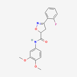 molecular formula C18H17FN2O4 B4374137 N-(3,4-dimethoxyphenyl)-3-(2-fluorophenyl)-4,5-dihydro-1,2-oxazole-5-carboxamide 