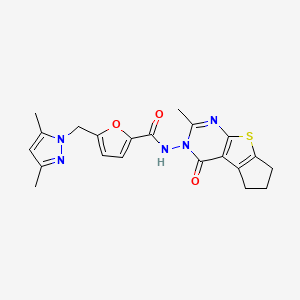 molecular formula C21H21N5O3S B4374287 5-[(3,5-dimethyl-1H-pyrazol-1-yl)methyl]-N-(2-methyl-4-oxo-6,7-dihydro-4H-cyclopenta[4,5]thieno[2,3-d]pyrimidin-3(5H)-yl)-2-furamide 