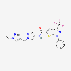 molecular formula C22H18F3N7OS B4374508 N~5~-{1-[(1-ETHYL-1H-PYRAZOL-4-YL)METHYL]-1H-PYRAZOL-4-YL}-1-PHENYL-3-(TRIFLUOROMETHYL)-1H-THIENO[2,3-C]PYRAZOLE-5-CARBOXAMIDE 