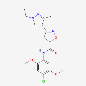 molecular formula C18H21ClN4O4 B4374741 N-(4-chloro-2,5-dimethoxyphenyl)-3-(1-ethyl-3-methyl-1H-pyrazol-4-yl)-4,5-dihydro-5-isoxazolecarboxamide 