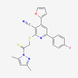 2-{[2-(3,5-DIMETHYL-1H-PYRAZOL-1-YL)-2-SULFANYLIDENEETHYL]SULFANYL}-6-(4-FLUOROPHENYL)-4-(FURAN-2-YL)PYRIDINE-3-CARBONITRILE