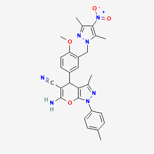 molecular formula C28H27N7O4 B4374839 6-AMINO-4-{3-[(3,5-DIMETHYL-4-NITRO-1H-PYRAZOL-1-YL)METHYL]-4-METHOXYPHENYL}-3-METHYL-1-(4-METHYLPHENYL)-1,4-DIHYDROPYRANO[2,3-C]PYRAZOL-5-YL CYANIDE 