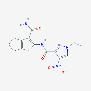 molecular formula C14H15N5O4S B4374912 N-[3-(AMINOCARBONYL)-5,6-DIHYDRO-4H-CYCLOPENTA[B]THIOPHEN-2-YL]-1-ETHYL-4-NITRO-1H-PYRAZOLE-3-CARBOXAMIDE 