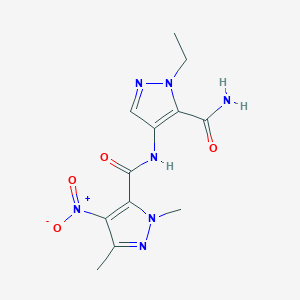 molecular formula C12H15N7O4 B4374927 N-[5-(aminocarbonyl)-1-ethyl-1H-pyrazol-4-yl]-1,3-dimethyl-4-nitro-1H-pyrazole-5-carboxamide 