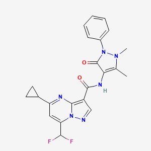 molecular formula C22H20F2N6O2 B4374964 5-cyclopropyl-7-(difluoromethyl)-N-(1,5-dimethyl-3-oxo-2-phenyl-2,3-dihydro-1H-pyrazol-4-yl)pyrazolo[1,5-a]pyrimidine-3-carboxamide 