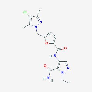 molecular formula C17H19ClN6O3 B4374988 4-[({5-[(4-CHLORO-3,5-DIMETHYL-1H-PYRAZOL-1-YL)METHYL]-2-FURYL}CARBONYL)AMINO]-1-ETHYL-1H-PYRAZOLE-5-CARBOXAMIDE 