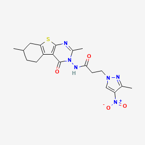 molecular formula C19H22N6O4S B4375009 N-(2,7-dimethyl-4-oxo-5,6,7,8-tetrahydro[1]benzothieno[2,3-d]pyrimidin-3(4H)-yl)-3-(3-methyl-4-nitro-1H-pyrazol-1-yl)propanamide 