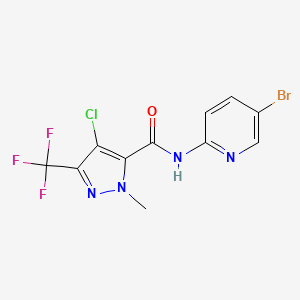 molecular formula C11H7BrClF3N4O B4375314 N-(5-BROMO-2-PYRIDYL)-4-CHLORO-1-METHYL-3-(TRIFLUOROMETHYL)-1H-PYRAZOLE-5-CARBOXAMIDE 