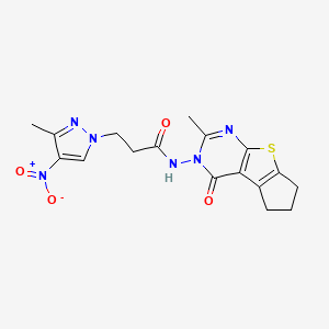 molecular formula C17H18N6O4S B4375379 3-(3-METHYL-4-NITRO-1H-PYRAZOL-1-YL)-N-[2-METHYL-4-OXO-6,7-DIHYDRO-4H-CYCLOPENTA[4,5]THIENO[2,3-D]PYRIMIDIN-3(5H)-YL]PROPANAMIDE 