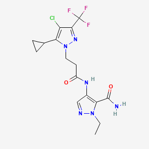 molecular formula C16H18ClF3N6O2 B4375389 4-({3-[4-chloro-5-cyclopropyl-3-(trifluoromethyl)-1H-pyrazol-1-yl]propanoyl}amino)-1-ethyl-1H-pyrazole-5-carboxamide 