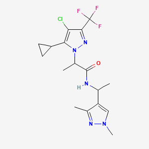 molecular formula C17H21ClF3N5O B4375408 2-[4-CHLORO-5-CYCLOPROPYL-3-(TRIFLUOROMETHYL)-1H-PYRAZOL-1-YL]-N~1~-[1-(1,3-DIMETHYL-1H-PYRAZOL-4-YL)ETHYL]PROPANAMIDE 