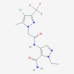 molecular formula C13H14ClF3N6O2 B4375450 4-({2-[4-CHLORO-5-METHYL-3-(TRIFLUOROMETHYL)-1H-PYRAZOL-1-YL]ACETYL}AMINO)-1-ETHYL-1H-PYRAZOLE-5-CARBOXAMIDE 