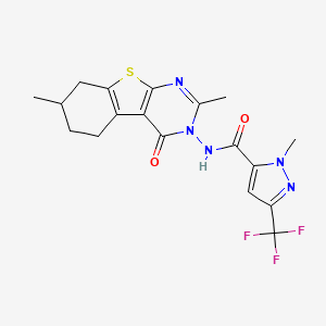 molecular formula C18H18F3N5O2S B4375499 N-(2,7-dimethyl-4-oxo-5,6,7,8-tetrahydro[1]benzothieno[2,3-d]pyrimidin-3(4H)-yl)-1-methyl-3-(trifluoromethyl)-1H-pyrazole-5-carboxamide 