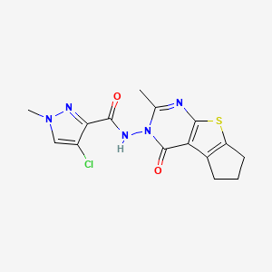 molecular formula C15H14ClN5O2S B4375580 4-chloro-1-methyl-N-(2-methyl-4-oxo-6,7-dihydro-4H-cyclopenta[4,5]thieno[2,3-d]pyrimidin-3(5H)-yl)-1H-pyrazole-3-carboxamide 