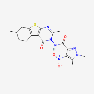 molecular formula C18H20N6O4S B4375756 N-(2,7-dimethyl-4-oxo-5,6,7,8-tetrahydro[1]benzothieno[2,3-d]pyrimidin-3(4H)-yl)-1,5-dimethyl-4-nitro-1H-pyrazole-3-carboxamide 