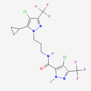 molecular formula C16H15Cl2F6N5O B4375853 4-chloro-N-{3-[4-chloro-5-cyclopropyl-3-(trifluoromethyl)-1H-pyrazol-1-yl]propyl}-1-methyl-3-(trifluoromethyl)-1H-pyrazole-5-carboxamide 