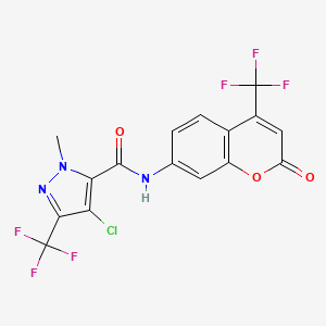 molecular formula C16H8ClF6N3O3 B4375864 4-chloro-1-methyl-N-[2-oxo-4-(trifluoromethyl)-2H-chromen-7-yl]-3-(trifluoromethyl)-1H-pyrazole-5-carboxamide 