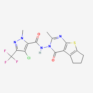 molecular formula C16H13ClF3N5O2S B4375866 4-CHLORO-1-METHYL-N-[2-METHYL-4-OXO-6,7-DIHYDRO-4H-CYCLOPENTA[4,5]THIENO[2,3-D]PYRIMIDIN-3(5H)-YL]-3-(TRIFLUOROMETHYL)-1H-PYRAZOLE-5-CARBOXAMIDE 