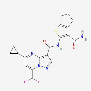 molecular formula C19H17F2N5O2S B4376098 N-[3-(AMINOCARBONYL)-5,6-DIHYDRO-4H-CYCLOPENTA[B]THIOPHEN-2-YL]-5-CYCLOPROPYL-7-(DIFLUOROMETHYL)PYRAZOLO[1,5-A]PYRIMIDINE-3-CARBOXAMIDE 