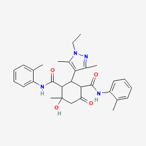 molecular formula C30H36N4O4 B4376677 2-(1-ETHYL-3,5-DIMETHYL-1H-PYRAZOL-4-YL)-4-HYDROXY-4-METHYL-N~1~,N~3~-BIS(2-METHYLPHENYL)-6-OXO-1,3-CYCLOHEXANEDICARBOXAMIDE 