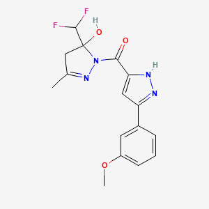 molecular formula C16H16F2N4O3 B4376764 [5-(difluoromethyl)-5-hydroxy-3-methyl-4,5-dihydro-1H-pyrazol-1-yl][5-(3-methoxyphenyl)-1H-pyrazol-3-yl]methanone 