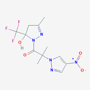 molecular formula C12H14F3N5O4 B4376784 1-[5-HYDROXY-3-METHYL-5-(TRIFLUOROMETHYL)-4,5-DIHYDRO-1H-PYRAZOL-1-YL]-2-METHYL-2-(4-NITRO-1H-PYRAZOL-1-YL)-1-PROPANONE 