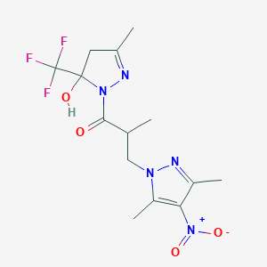 molecular formula C14H18F3N5O4 B4376788 3-(3,5-DIMETHYL-4-NITRO-1H-PYRAZOL-1-YL)-1-[5-HYDROXY-3-METHYL-5-(TRIFLUOROMETHYL)-4,5-DIHYDRO-1H-PYRAZOL-1-YL]-2-METHYL-1-PROPANONE 