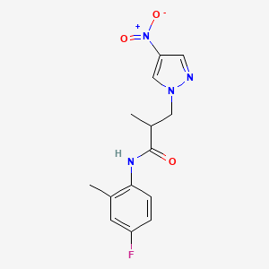 molecular formula C14H15FN4O3 B4377373 N-(4-fluoro-2-methylphenyl)-2-methyl-3-(4-nitro-1H-pyrazol-1-yl)propanamide 