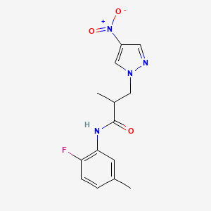 molecular formula C14H15FN4O3 B4377389 N-(2-fluoro-5-methylphenyl)-2-methyl-3-(4-nitro-1H-pyrazol-1-yl)propanamide 