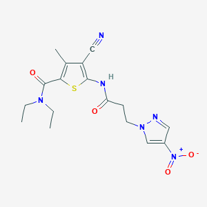 molecular formula C17H20N6O4S B4378242 4-cyano-N,N-diethyl-3-methyl-5-{[3-(4-nitro-1H-pyrazol-1-yl)propanoyl]amino}-2-thiophenecarboxamide 