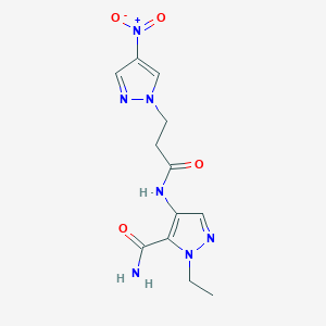 molecular formula C12H15N7O4 B4378243 1-ethyl-4-{[3-(4-nitro-1H-pyrazol-1-yl)propanoyl]amino}-1H-pyrazole-5-carboxamide 