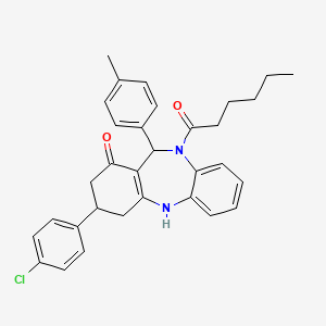 molecular formula C32H33ClN2O2 B4378387 1-[3-(4-chlorophenyl)-1-hydroxy-11-(4-methylphenyl)-2,3,4,11-tetrahydro-10H-dibenzo[b,e][1,4]diazepin-10-yl]hexan-1-one 