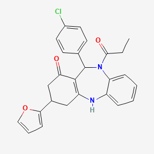 molecular formula C26H23ClN2O3 B4378395 1-[11-(4-chlorophenyl)-3-(furan-2-yl)-1-hydroxy-2,3,4,11-tetrahydro-10H-dibenzo[b,e][1,4]diazepin-10-yl]propan-1-one 