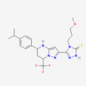 molecular formula C22H27F3N6OS B4378716 5-[5-(4-ISOPROPYLPHENYL)-7-(TRIFLUOROMETHYL)-4,5,6,7-TETRAHYDROPYRAZOLO[1,5-A]PYRIMIDIN-2-YL]-4-(3-METHOXYPROPYL)-4H-1,2,4-TRIAZOL-3-YLHYDROSULFIDE 