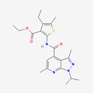 molecular formula C22H28N4O3S B4379208 ethyl 4-ethyl-2-{[(1-isopropyl-3,6-dimethyl-1H-pyrazolo[3,4-b]pyridin-4-yl)carbonyl]amino}-5-methyl-3-thiophenecarboxylate 