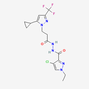 molecular formula C16H18ClF3N6O2 B4380195 4-CHLORO-N-{3-[5-CYCLOPROPYL-3-(TRIFLUOROMETHYL)-1H-PYRAZOL-1-YL]PROPANOYL}-1-ETHYL-1H-PYRAZOLE-3-CARBOHYDRAZIDE 