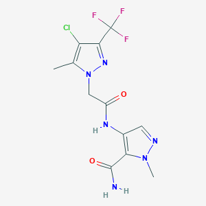 molecular formula C12H12ClF3N6O2 B4380264 4-({2-[4-CHLORO-5-METHYL-3-(TRIFLUOROMETHYL)-1H-PYRAZOL-1-YL]ACETYL}AMINO)-1-METHYL-1H-PYRAZOLE-5-CARBOXAMIDE 