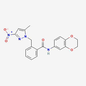 molecular formula C20H18N4O5 B4381265 N-(2,3-dihydro-1,4-benzodioxin-6-yl)-2-[(5-methyl-3-nitro-1H-pyrazol-1-yl)methyl]benzamide 