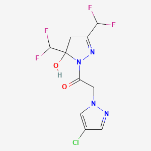 molecular formula C10H9ClF4N4O2 B4381372 1-[3,5-BIS(DIFLUOROMETHYL)-5-HYDROXY-4,5-DIHYDRO-1H-PYRAZOL-1-YL]-2-(4-CHLORO-1H-PYRAZOL-1-YL)-1-ETHANONE 