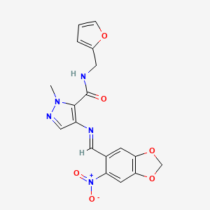 molecular formula C18H15N5O6 B4381477 N-(2-FURYLMETHYL)-1-METHYL-4-{[(E)-1-(6-NITRO-1,3-BENZODIOXOL-5-YL)METHYLIDENE]AMINO}-1H-PYRAZOLE-5-CARBOXAMIDE 