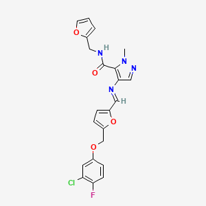 molecular formula C22H18ClFN4O4 B4381485 4-[((E)-1-{5-[(3-CHLORO-4-FLUOROPHENOXY)METHYL]-2-FURYL}METHYLIDENE)AMINO]-N-(2-FURYLMETHYL)-1-METHYL-1H-PYRAZOLE-5-CARBOXAMIDE 