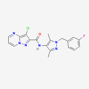 molecular formula C19H16ClFN6O B4381658 3-chloro-N-[1-(3-fluorobenzyl)-3,5-dimethyl-1H-pyrazol-4-yl]pyrazolo[1,5-a]pyrimidine-2-carboxamide 