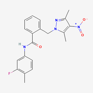 molecular formula C20H19FN4O3 B4381966 2-[(3,5-dimethyl-4-nitro-1H-pyrazol-1-yl)methyl]-N-(3-fluoro-4-methylphenyl)benzamide 