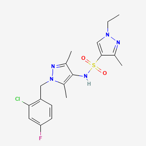 molecular formula C18H21ClFN5O2S B4382160 N-[1-(2-chloro-4-fluorobenzyl)-3,5-dimethyl-1H-pyrazol-4-yl]-1-ethyl-3-methyl-1H-pyrazole-4-sulfonamide 