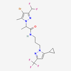 molecular formula C18H21BrF5N5O B4382550 2-[4-bromo-3-(difluoromethyl)-5-methyl-1H-pyrazol-1-yl]-N-{3-[5-cyclopropyl-3-(trifluoromethyl)-1H-pyrazol-1-yl]propyl}propanamide 