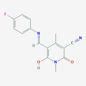 molecular formula C15H12FN3O2 B438259 5-[(4-Fluoroanilino)methylene]-1,4-dimethyl-2,6-dioxo-1,2,5,6-tetrahydro-3-pyridinecarbonitrile 