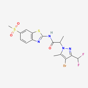 molecular formula C16H15BrF2N4O3S2 B4382739 2-[4-BROMO-3-(DIFLUOROMETHYL)-5-METHYL-1H-PYRAZOL-1-YL]-N~1~-[6-(METHYLSULFONYL)-1,3-BENZOTHIAZOL-2-YL]PROPANAMIDE 