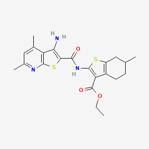 molecular formula C22H25N3O3S2 B4382859 ethyl 2-{[(3-amino-4,6-dimethylthieno[2,3-b]pyridin-2-yl)carbonyl]amino}-6-methyl-4,5,6,7-tetrahydro-1-benzothiophene-3-carboxylate 